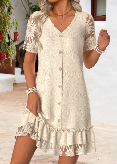 women clothes image of Beige Short Tummy Coverage V Neck Dress
