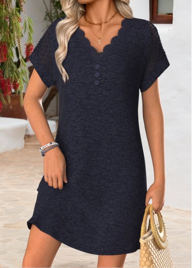 women clothes image of Navy Short Tummy Coverage V Neck Dress