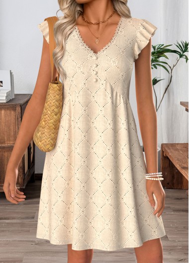 women clothes image of Beige Short Shirred V Neck Dress