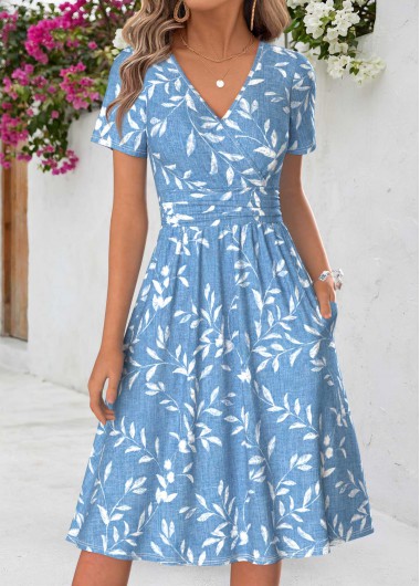 women clothes image of Blue Leaf Print Shirred Short Sleeve V Neck Dress
