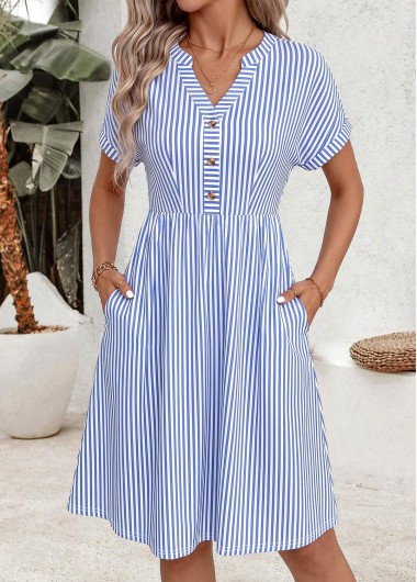 women clothes image of Light Blue Striped Double Side Pockets Short Sleeve Dress