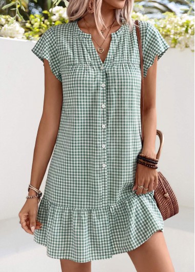 women clothes image of Sage Green Plaid Short Shirred Split Neck Dress