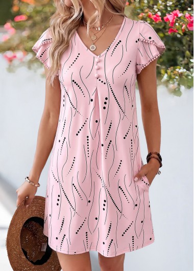 women clothes image of Pink Polka Dot Short Double Side Pockets Dress