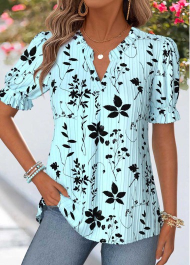women clothes image of Light Blue Floral Print Curved Hem Short Sleeve Blouse
