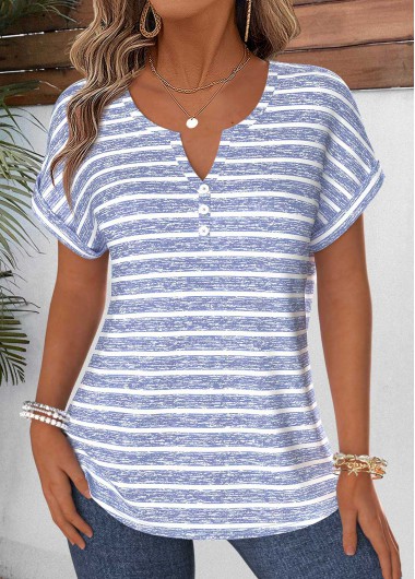 women clothes image of Dusty Blue Striped Tummy Coverage Short Sleeve Blouse
