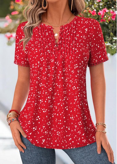 women clothes image of Red Polka Dot Tuck Stitch Short Sleeve Blouse