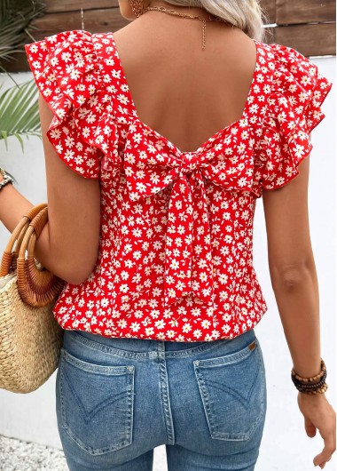 women clothes image of Red Ditsy Floral Print Bowknot Short Sleeve T Shirt