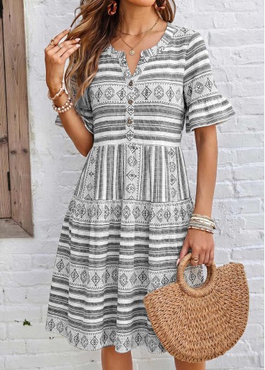 women clothes image of Grey Tribal Print Short Tummy Coverage Split Neck Dress