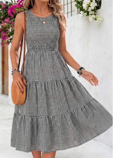 women clothes image of Black Plaid Tummy Coverage Sleeveless Round Neck Dress