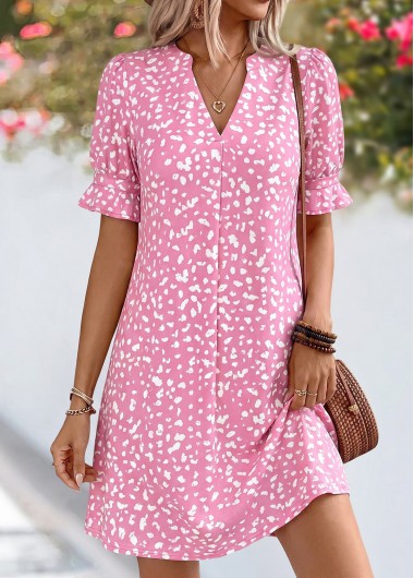 women clothes image of Pink Polka Dot Short Tummy Coverage Split Neck Dress