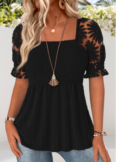 women clothes image of Black Patchwork Short Sleeve Square Neck Blouse