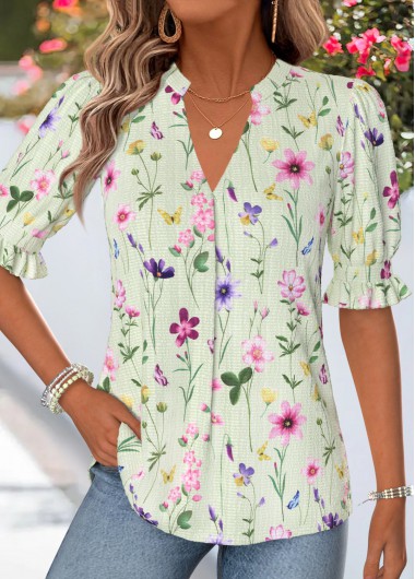 women clothes image of Green Floral Print Shirred Half Sleeve Split Neck Blouse