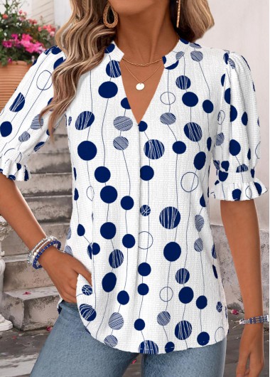 women clothes image of Blue Geometric Print Shirred Half Sleeve Split Neck Blouse