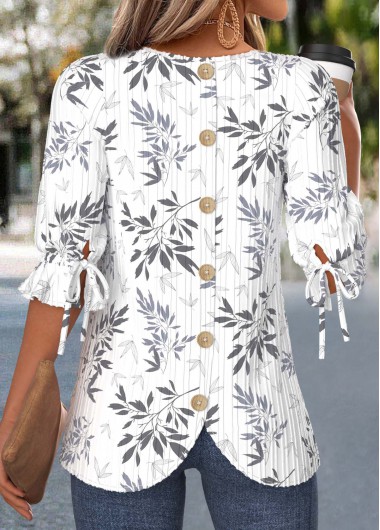 women clothes image of White Leaf Print Curved Hem Half Sleeve T Shirt