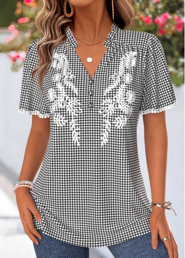women clothes image of Black Plaid Shirred Short Sleeve V Neck Blouse
