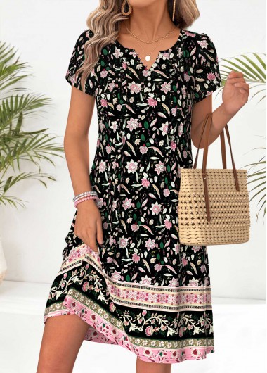 women clothes image of Black Floral Print Short Tuck Stitch Split Neck Dress