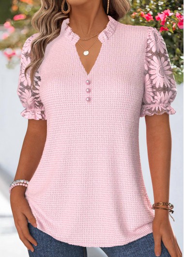 women clothes image of Light Pink Curved Hem Short Sleeve Split Neck Blouse