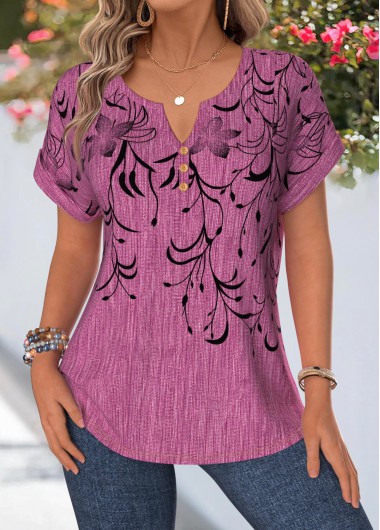 women clothes image of Violet Floral Print Curved Hem Short Sleeve Blouse