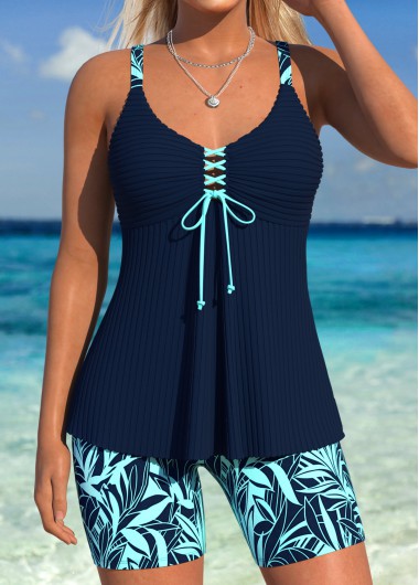 women clothes image of Navy Mid Waisted Cut Out Leaf Print Tankini Set
