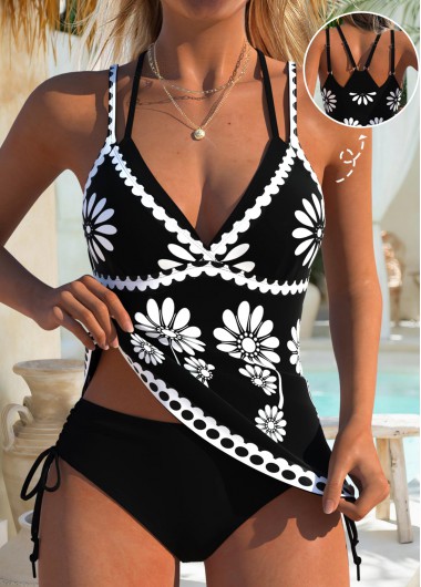 women clothes image of Black Mid Waisted Drawstring Random Floral Print Tankini Set