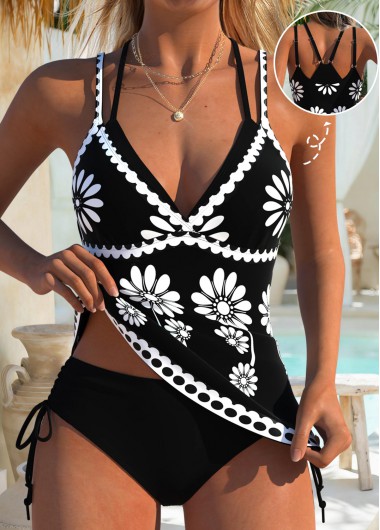 women clothes image of Black Mid Waisted Drawstring Random Floral Print Tankini Set