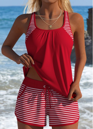 women clothes image of Tummy Coverage Mid Waisted Striped Red Tankini Set