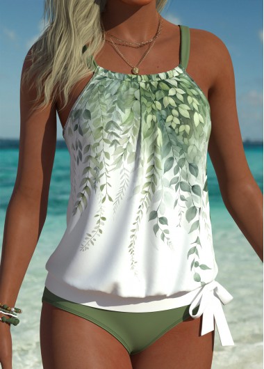 women clothes image of Sage Green Mid Waisted Blouson Leaf Print Tankini Set