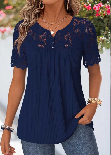women clothes image of Navy Curved Hem Short Sleeve Split Neck T Shirt