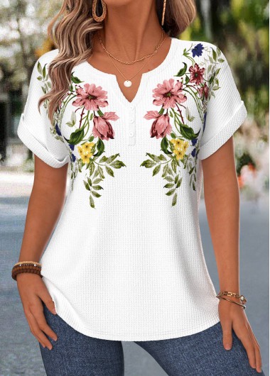 women clothes image of White Floral Print Patchwork Short Sleeve Split Neck Blouse