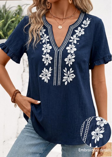 women clothes image of Navy Frill Short Sleeve Split Neck Blouse