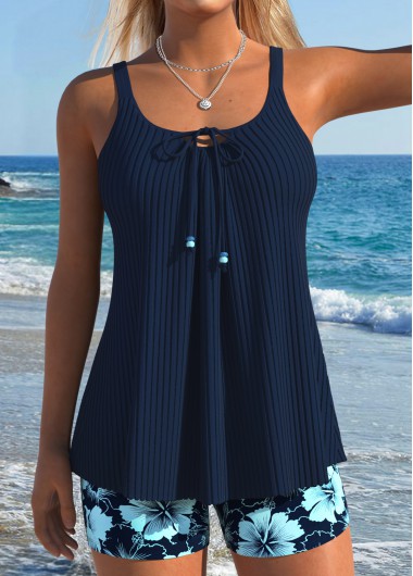 women clothes image of Navy Mid Waisted Lace Up Floral Print Tankini Set