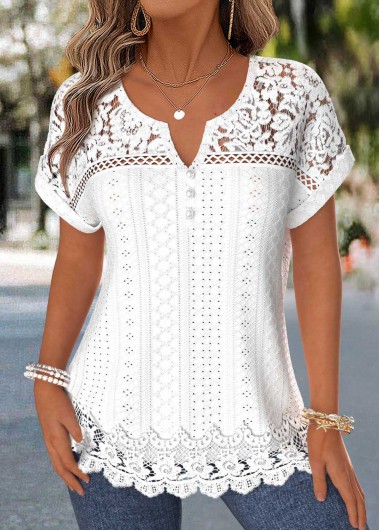 women clothes image of Raw White Patchwork Short Sleeve Split Neck Blouse