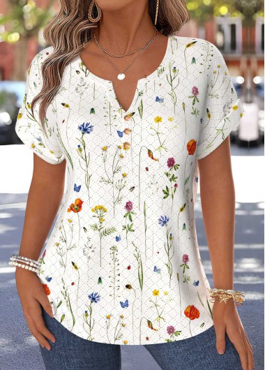 women clothes image of Multi Color Floral Print Tummy Coverage Short Sleeve Blouse