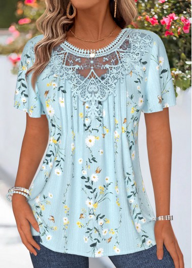 women clothes image of Light Blue Floral Print Patchwork Short Sleeve T Shirt
