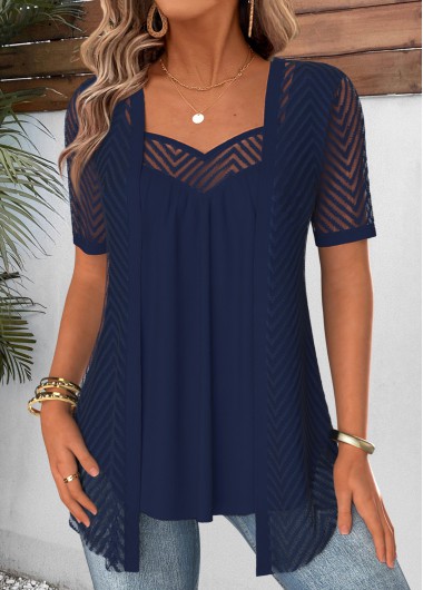 women clothes image of Navy Short Sleeve Heart Collar Fake Two Piece Twinset