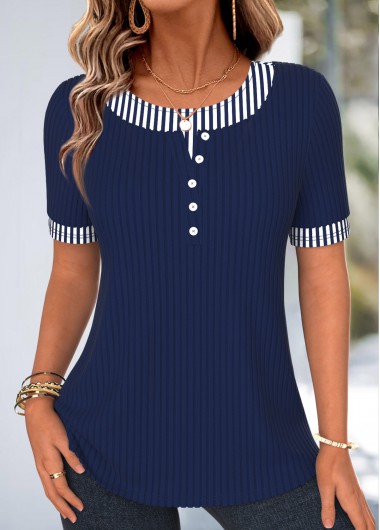 women clothes image of Navy Striped Curved Hem Short Sleeve T Shirt