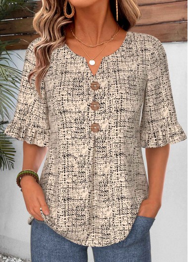 women clothes image of Light Camel Geometric Print Frill Half Sleeve Blouse