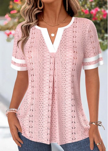 women clothes image of Light Pink Patchwork Short Sleeve Split Neck T Shirt