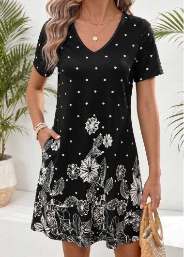 women clothes image of Black Floral Print Short Double Side Pockets Dress
