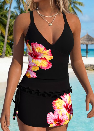 women clothes image of Black Mid Waisted Frill Floral Print Tankini Set