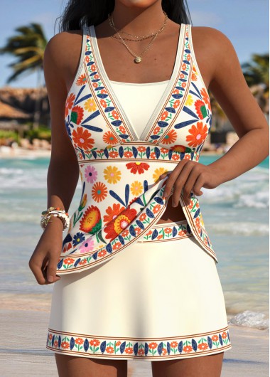 women clothes image of Multi Color Mid Waisted Floral Print Tankini Set