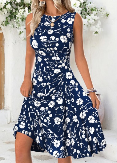women clothes image of Navy Floral Print Shirred Sleeveless Round Neck Dress