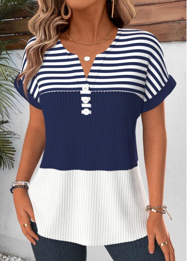 women clothes image of Navy Striped Patchwork Short Sleeve Split Neck T Shirt