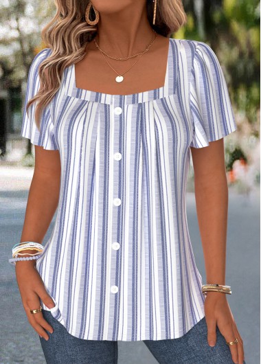 women clothes image of Blue Striped Curved Hem Short Sleeve Square Neck Blouse
