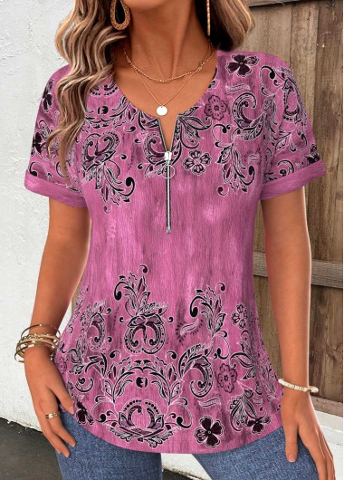 women clothes image of Dark Reddish Purple Leaf Print Zipper T Shirt