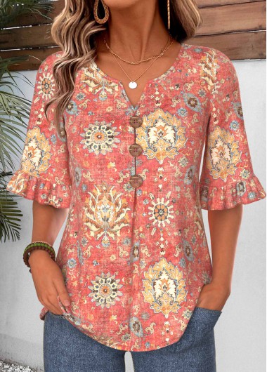women clothes image of Multi Color Tribal Print Frill Half Sleeve Blouse