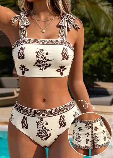 women clothes image of Beige Mid Waisted Three-piece Random Floral Print Bikini Set