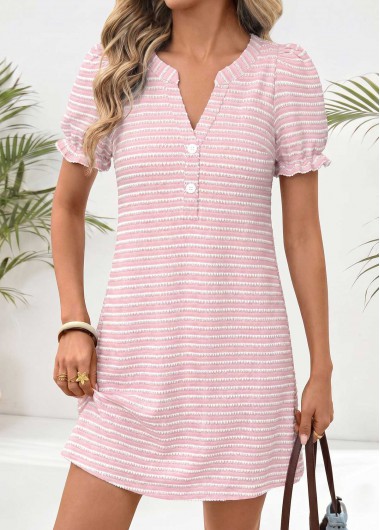 women clothes image of Pink Striped Short Shirred Split Neck Dress