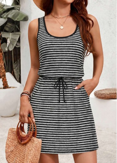 women clothes image of Black Striped Short Contrast Piping Sleeveless Scoop Neck Dress