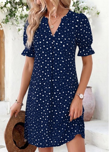 women clothes image of Navy Heart Print Short Tummy Coverage Split Neck Dress